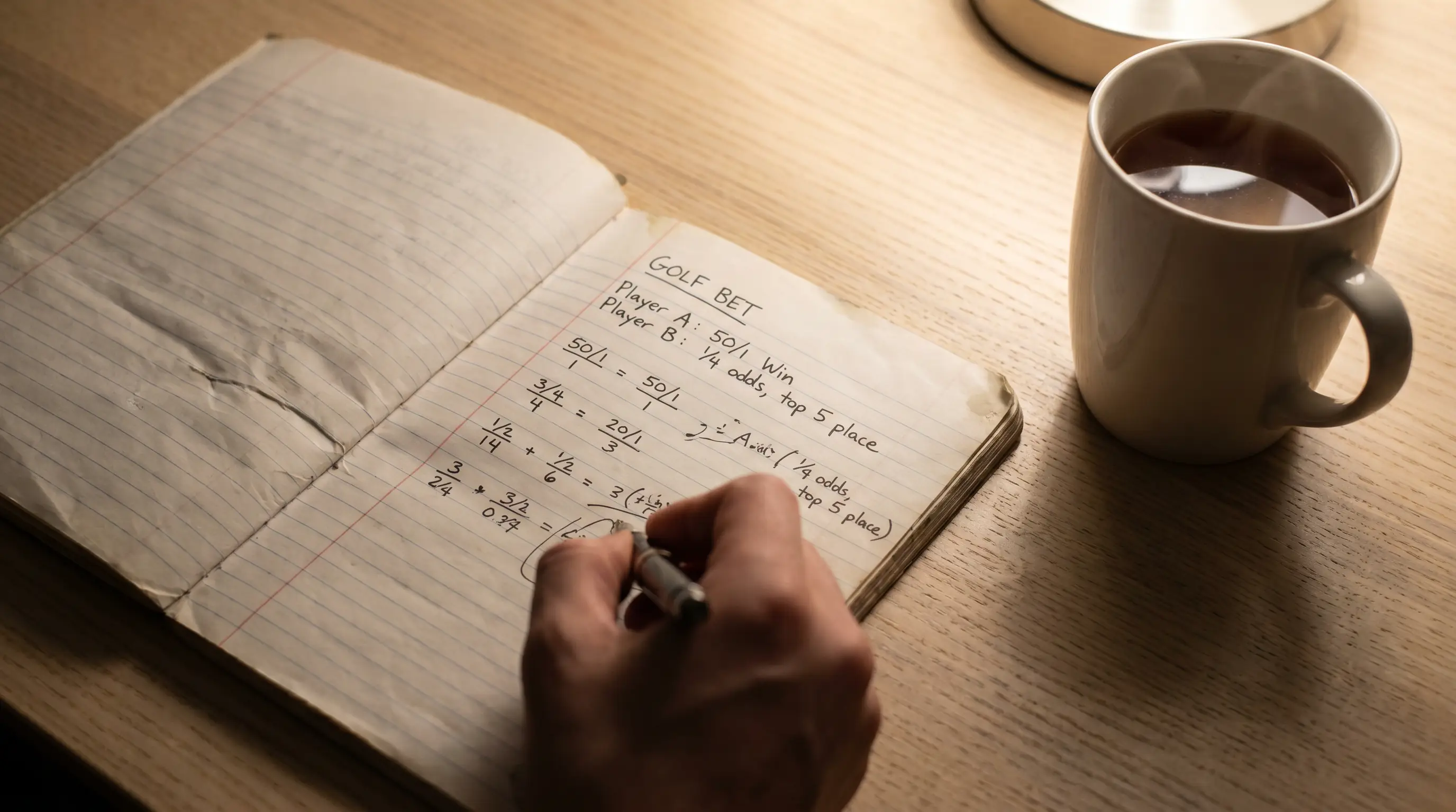 Notebook with step-by-step each-way payout calculations and fractional odds workings