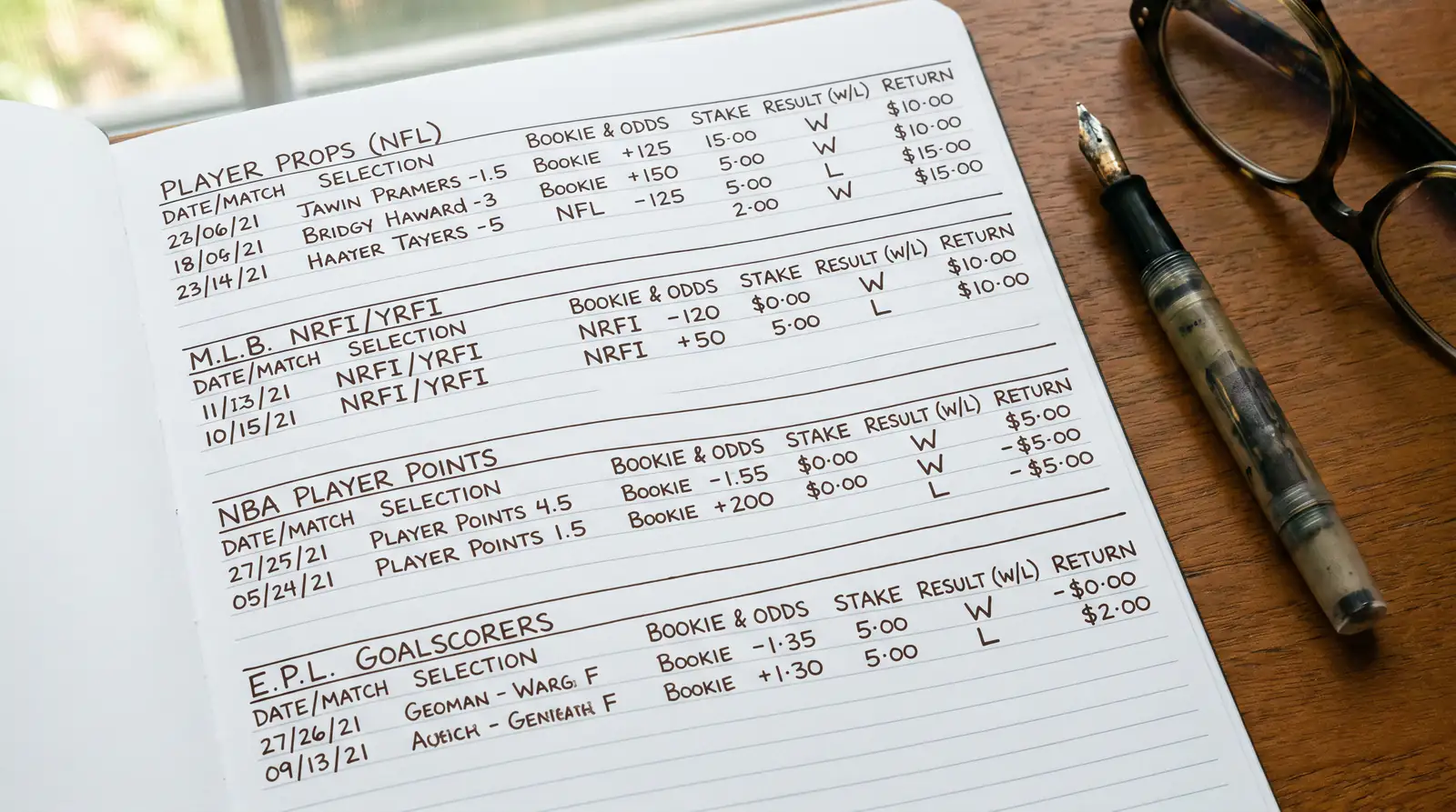 Clean notebook layout showing a structured golf prop betting portfolio with different market categories