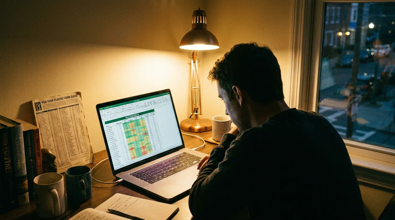 Punter studying golf statistics and form data on a laptop screen before placing a bet