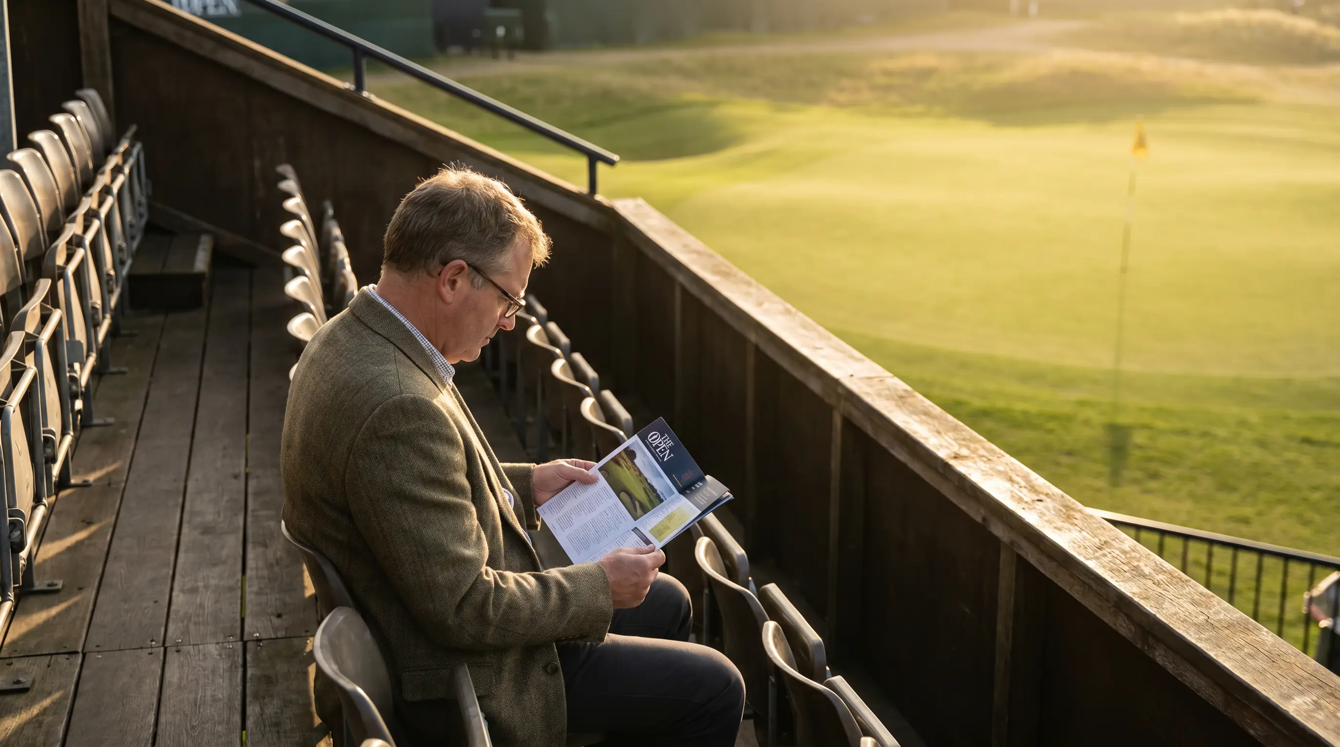 Spectator seated calmly in a grandstand studying a golf programme while the action unfolds on course