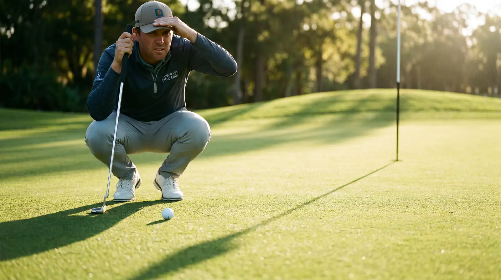 Close-up of a golfer reading a putt on a fast tournament green