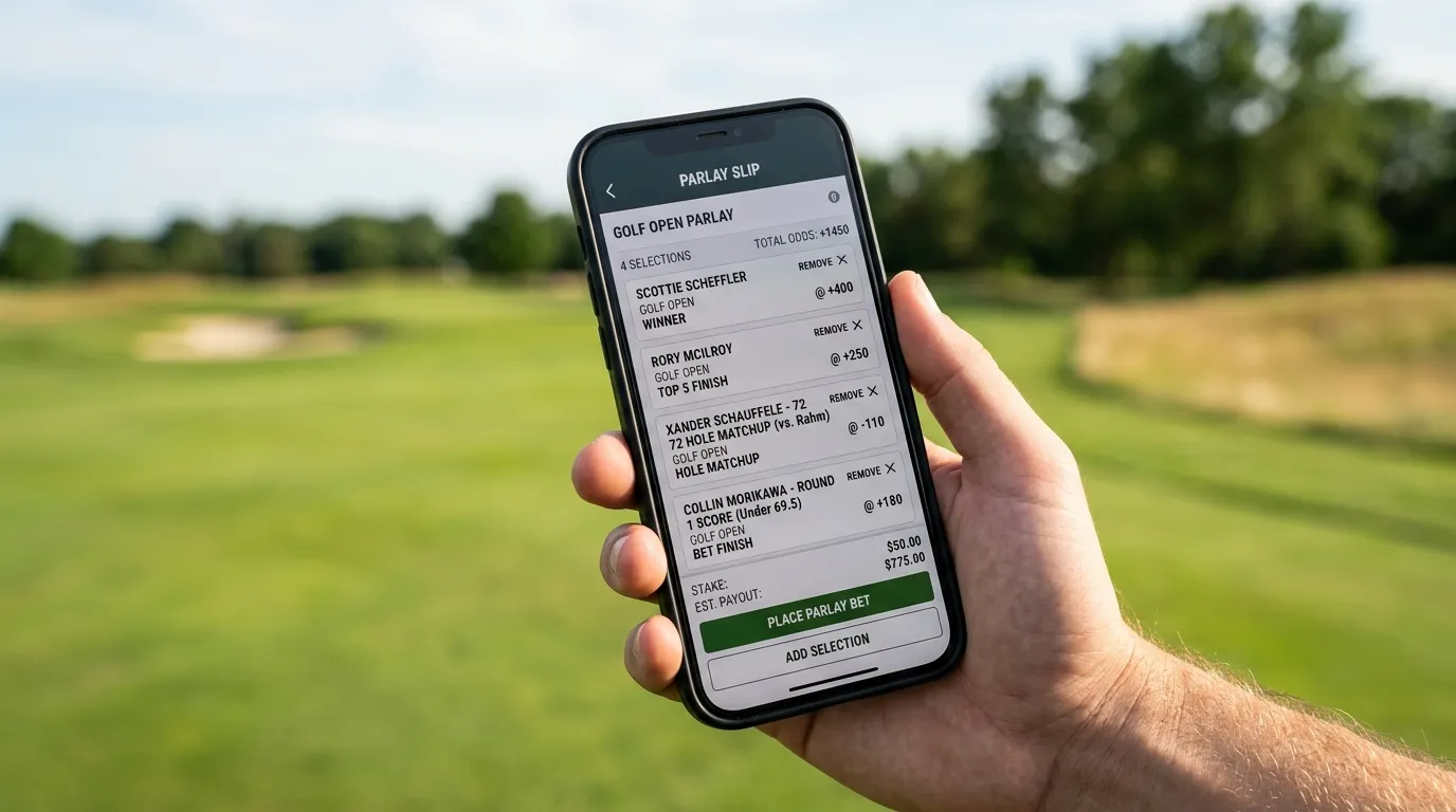 Mobile phone screen showing a golf same-game parlay bet builder with multiple combined selections