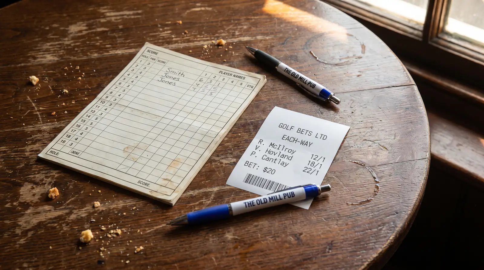 Golf tournament scorecard placed next to a betting slip showing each-way selections