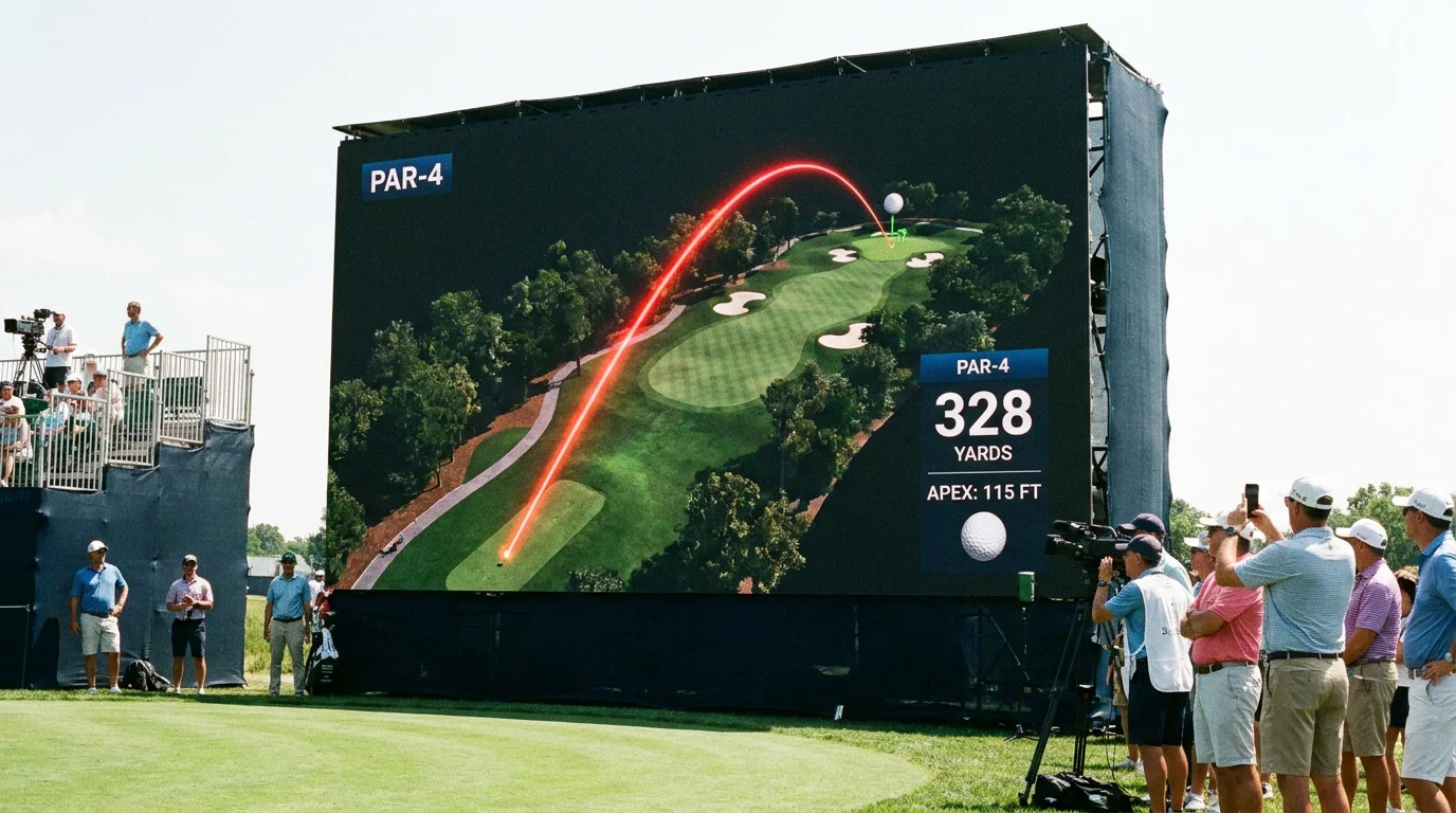 3D shot-tracking graphic overlaid on a golf course hole showing ball trajectory and landing zone