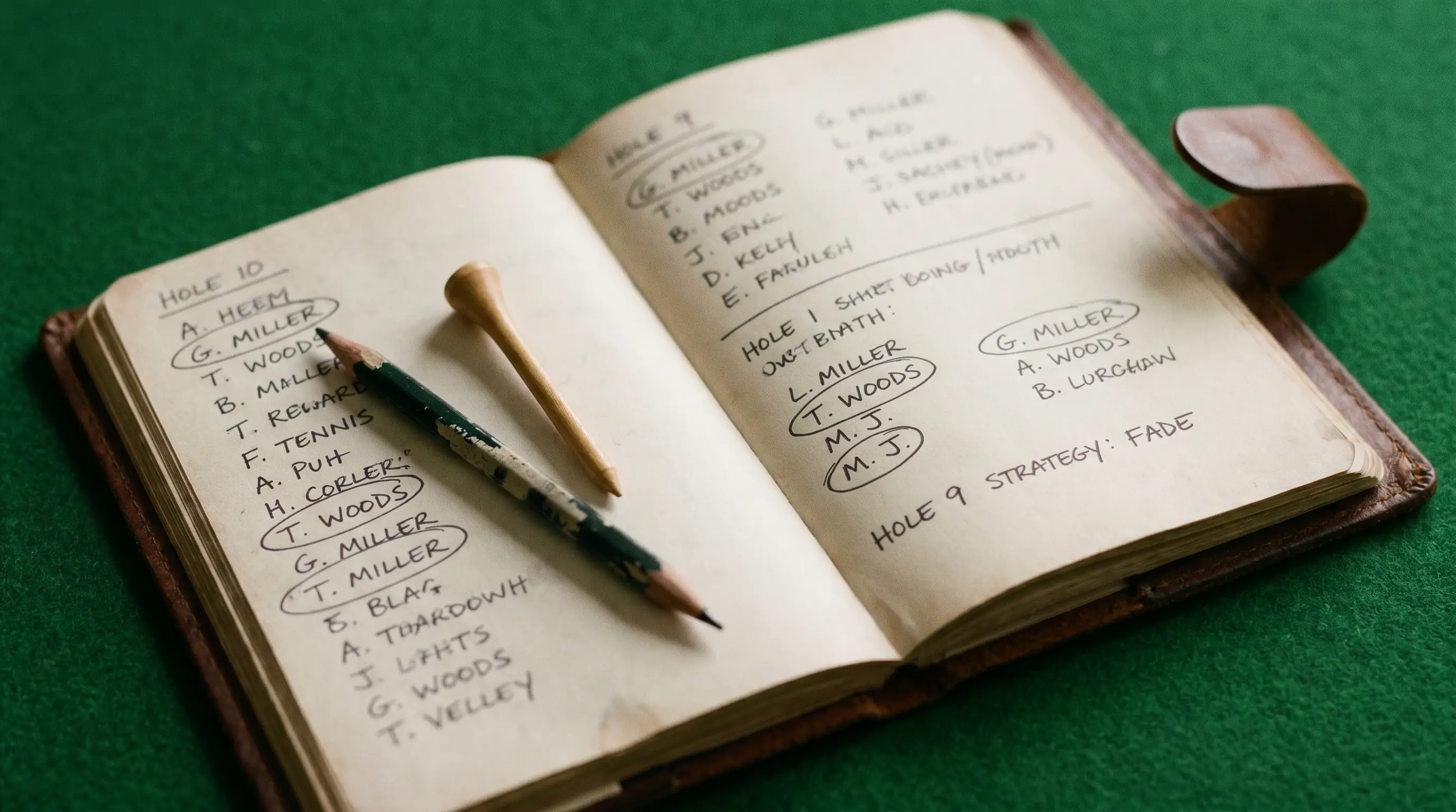 Handwritten golf staking plan in a notebook with player shortlist