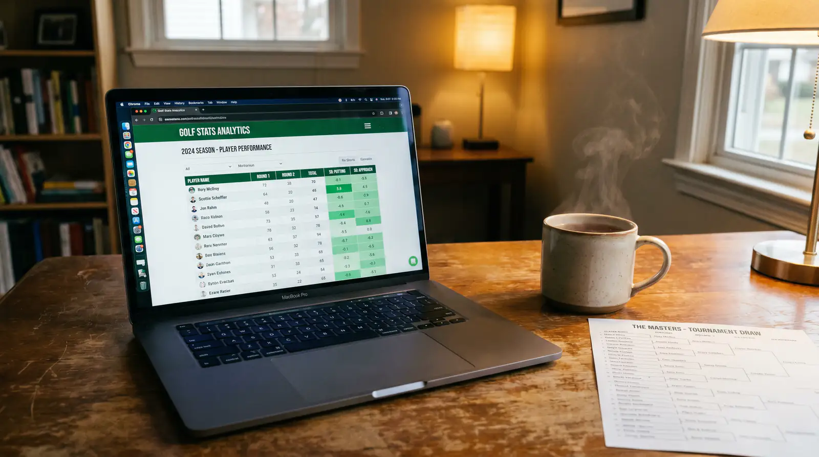 Laptop showing free golf statistics website with Strokes Gained leaderboard