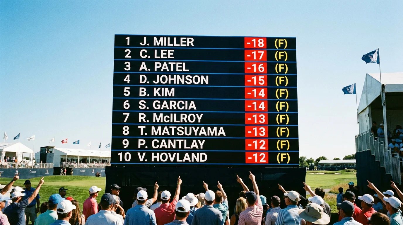 Tournament leaderboard showing top-ten finishing positions with scores and player names