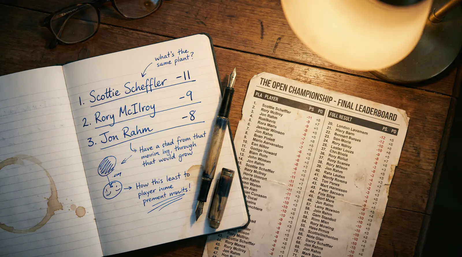 Notebook with handwritten golf course form notes and player finishing positions