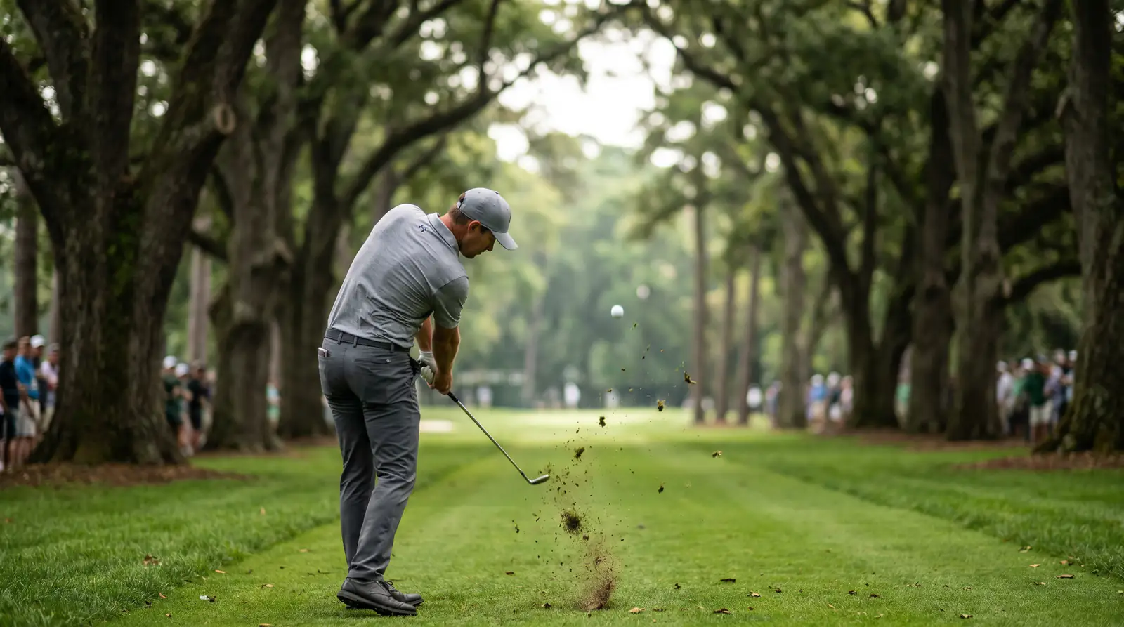 Professional golfer hitting a precise iron shot on a tight tree-lined fairway