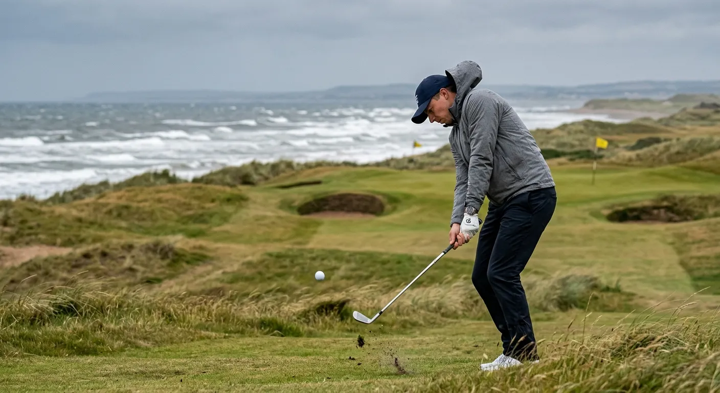 Professional golfer playing a low punch shot into a headwind on a coastal hole