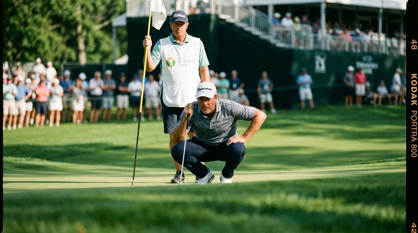 Professional golfer carefully reading a putt on a fast tournament green during live competition