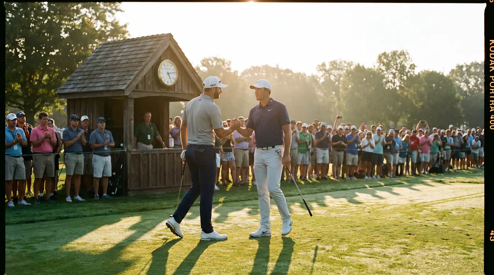 Two professional golfers shaking hands on the first tee before a paired round