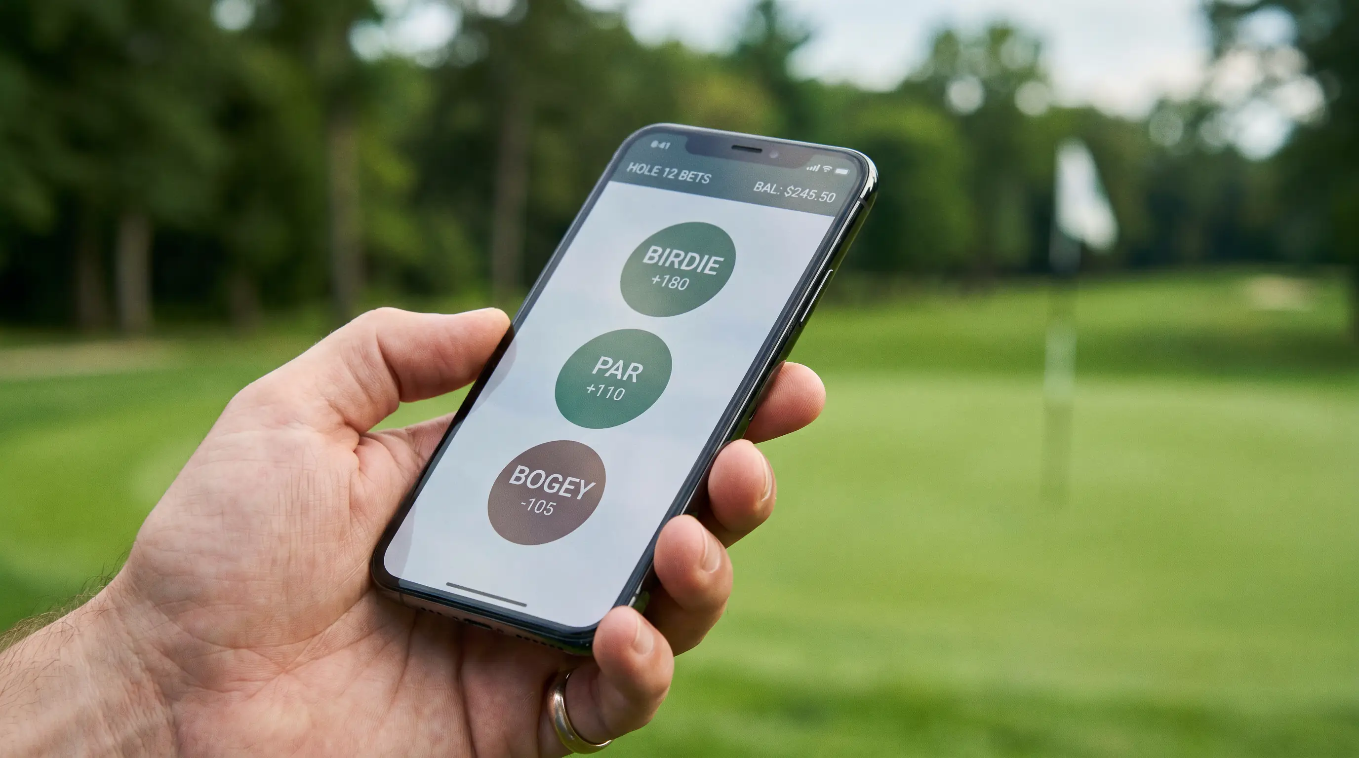 Smartphone screen displaying a hole score prop market with birdie par and bogey options