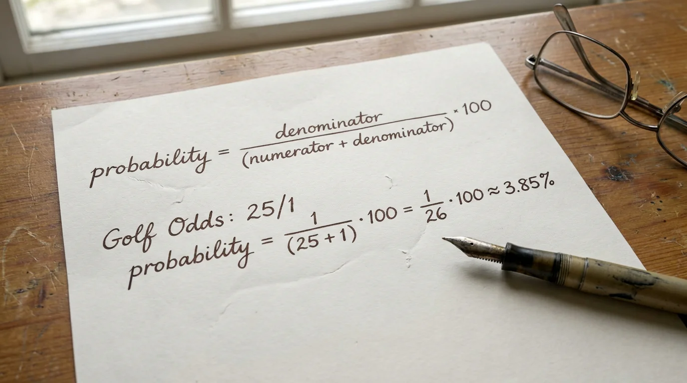 Handwritten formula showing odds-to-implied-probability conversion with golf betting examples