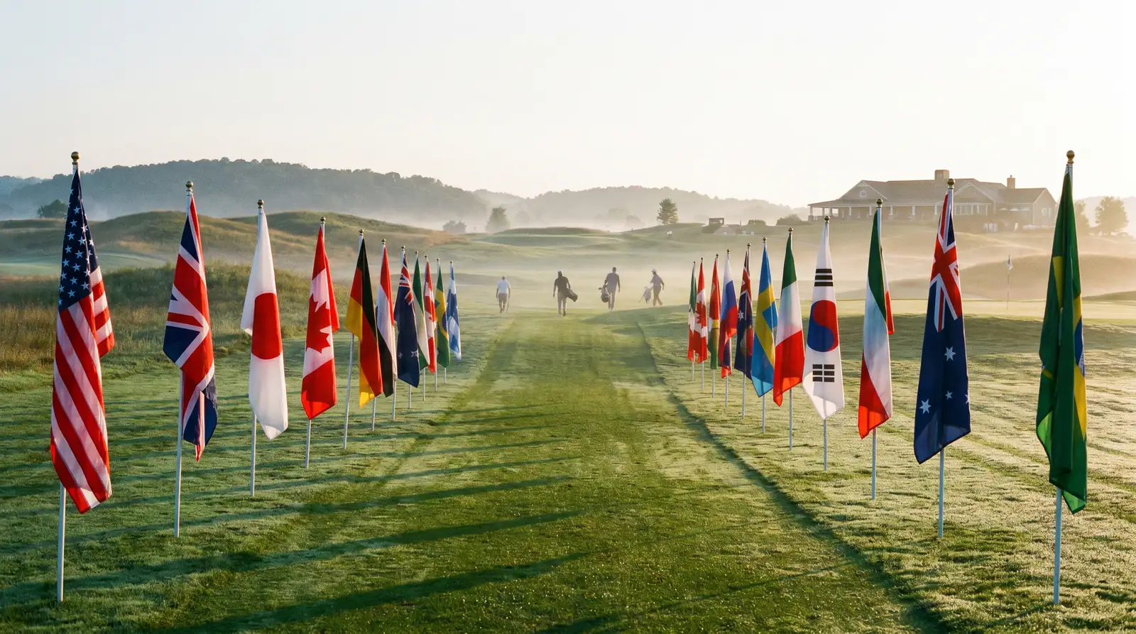 International flags lining a golf course entrance representing a multi-nation tournament field