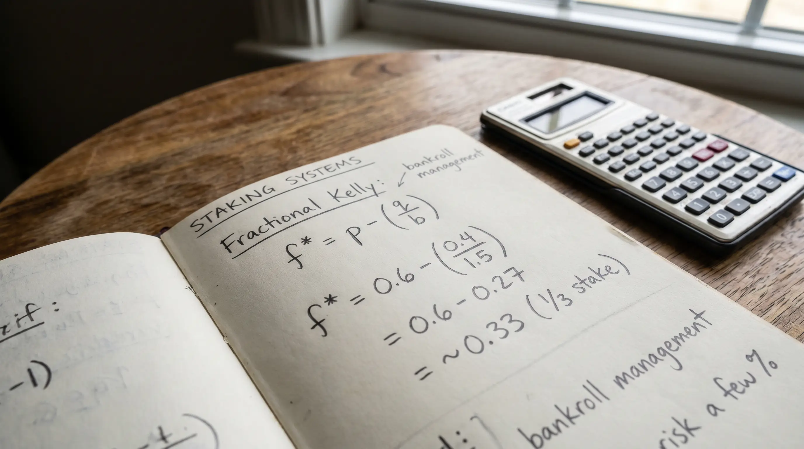 Written staking plan notes comparing flat staking and Kelly criterion for golf bets