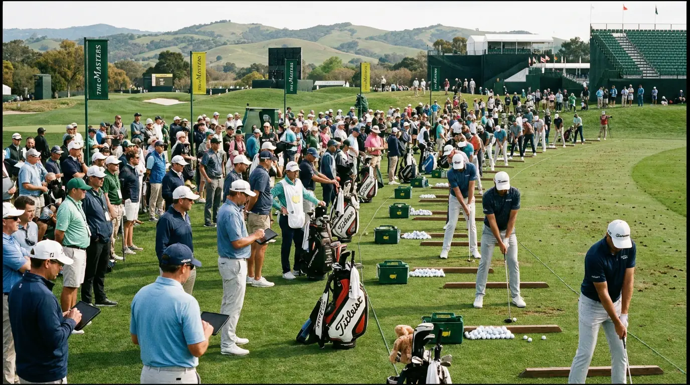 Busy practice range with dozens of professional golfers warming up before a major championship