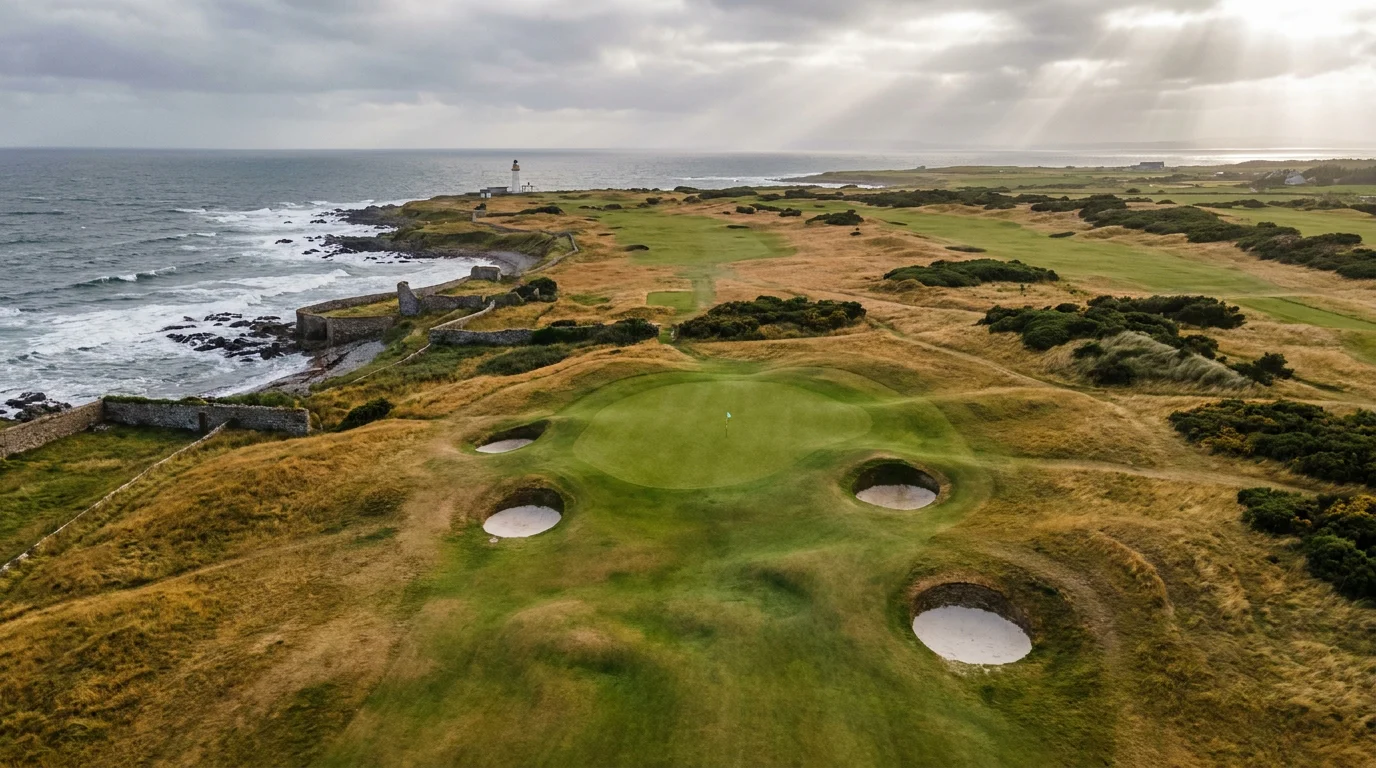 Aerial view of a links golf course along the British coastline with undulating fairways and deep bunkers