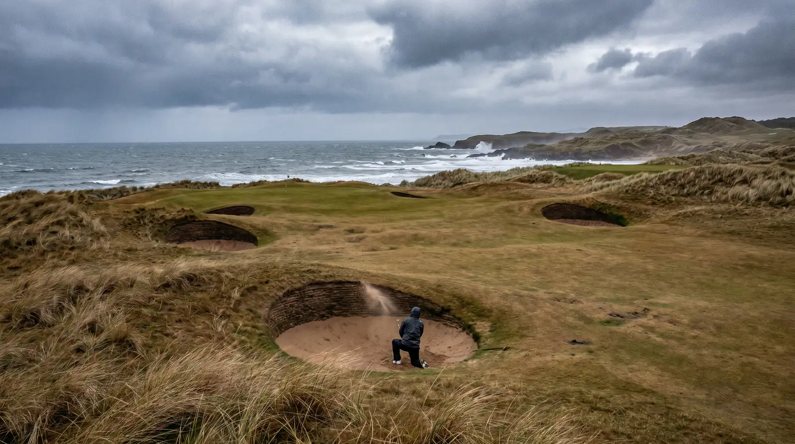 Links golf course with deep pot bunkers requiring strong scrambling skills