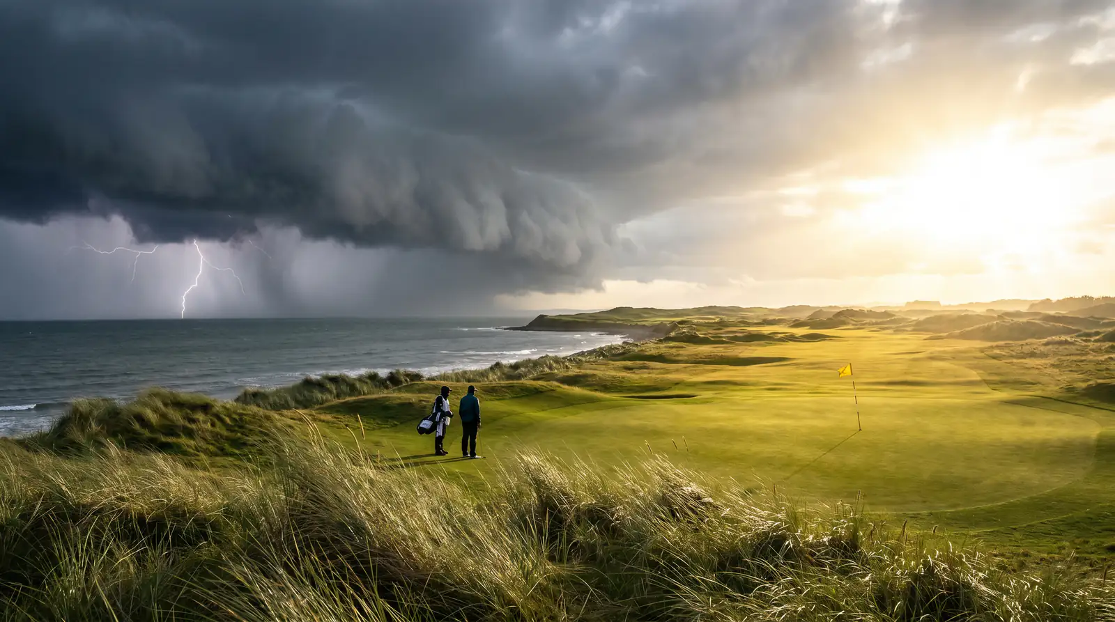 Dramatic weather changing over a links golf course with rain approaching from the sea