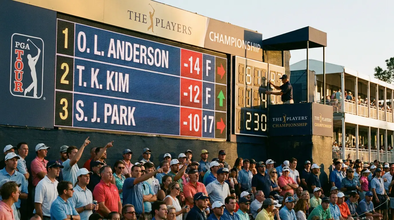 Dynamic scoreboard at a golf tournament showing real-time score updates and position changes mid-round