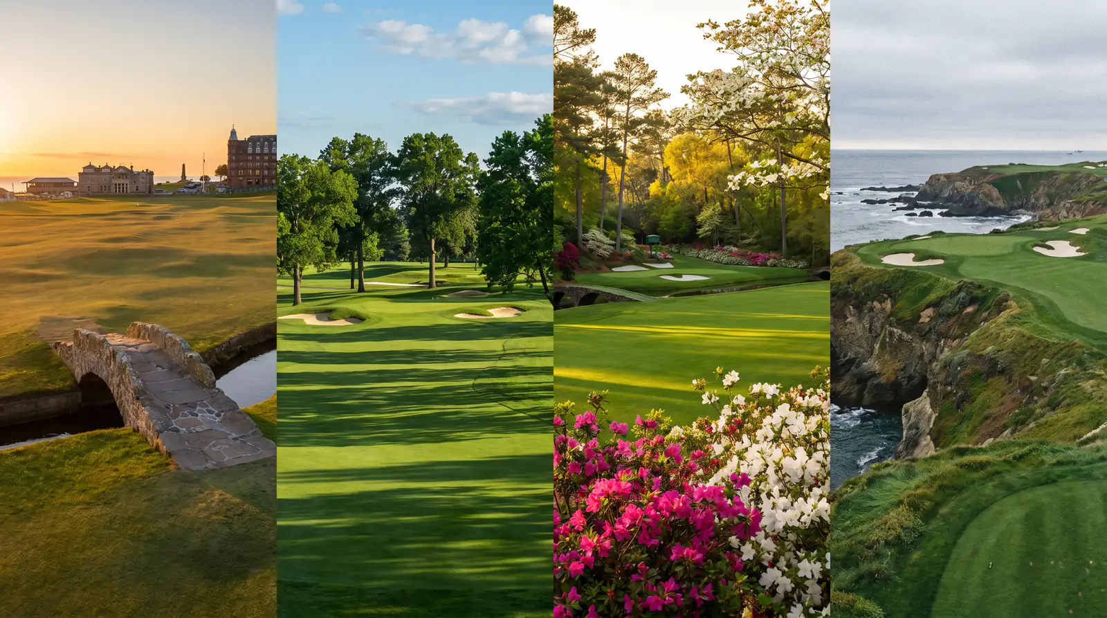 Four split panels showing different major championship venues highlighting their contrasting conditions