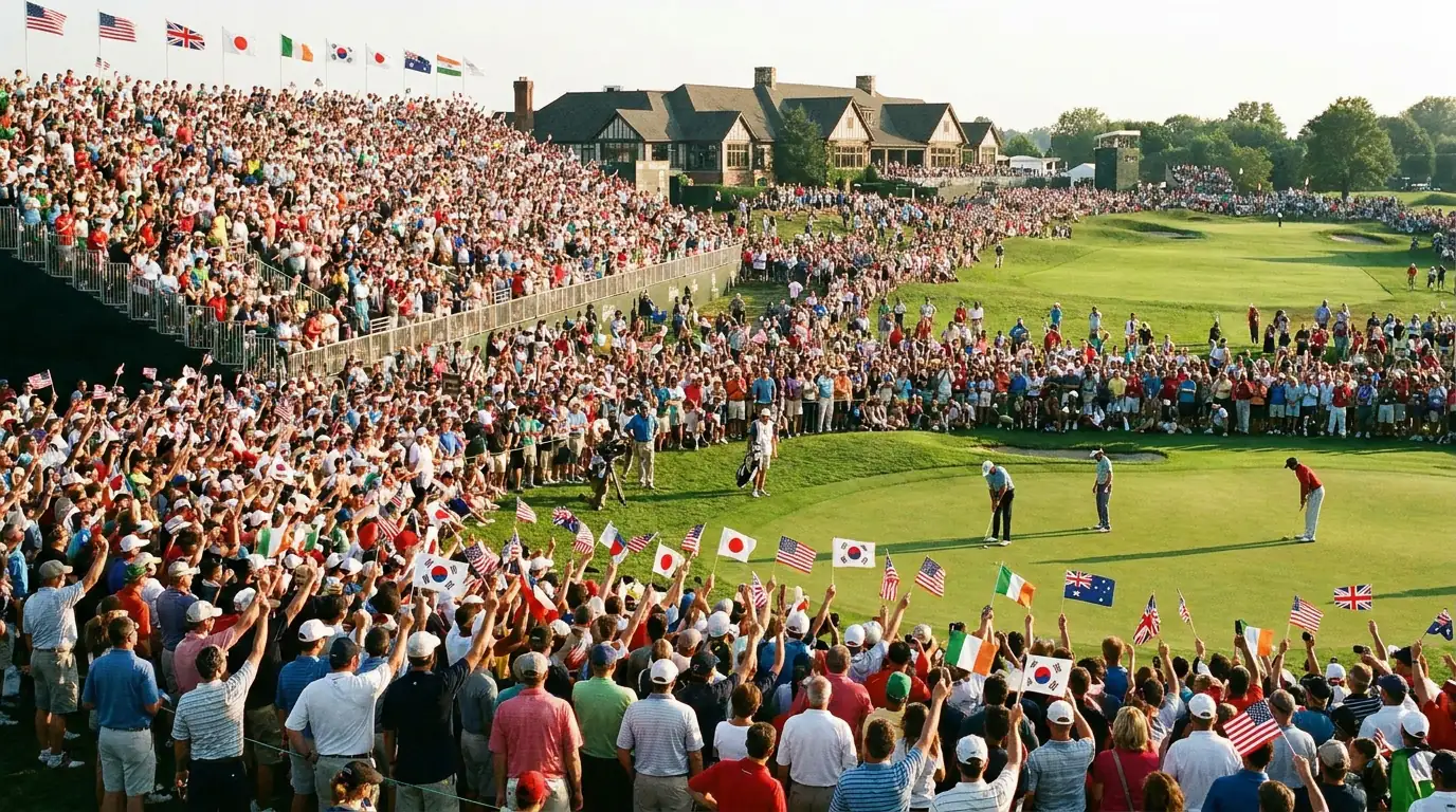 Diverse gallery of spectators at a major championship golf event with various national flags