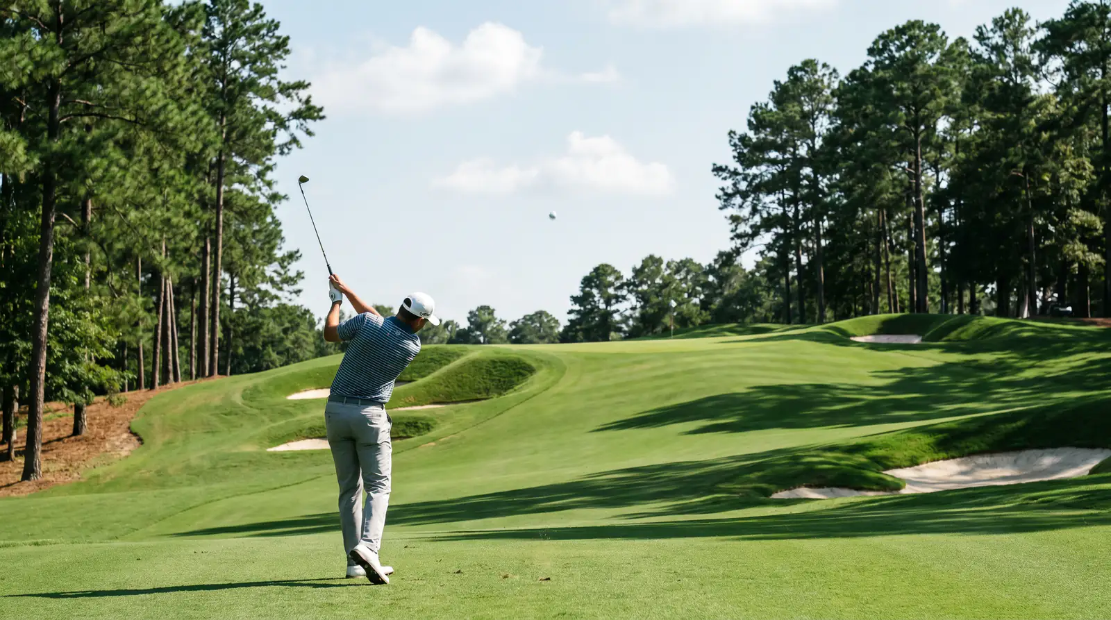 Professional golfer playing a precise approach shot to a severely contoured Augusta-style green
