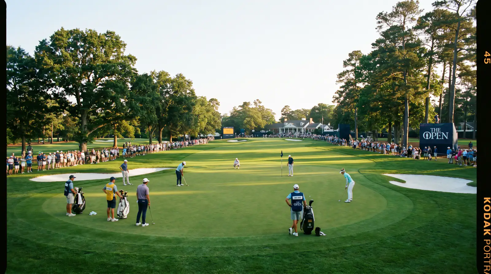 Small elite field of golfers practising on a pristine championship course before a major