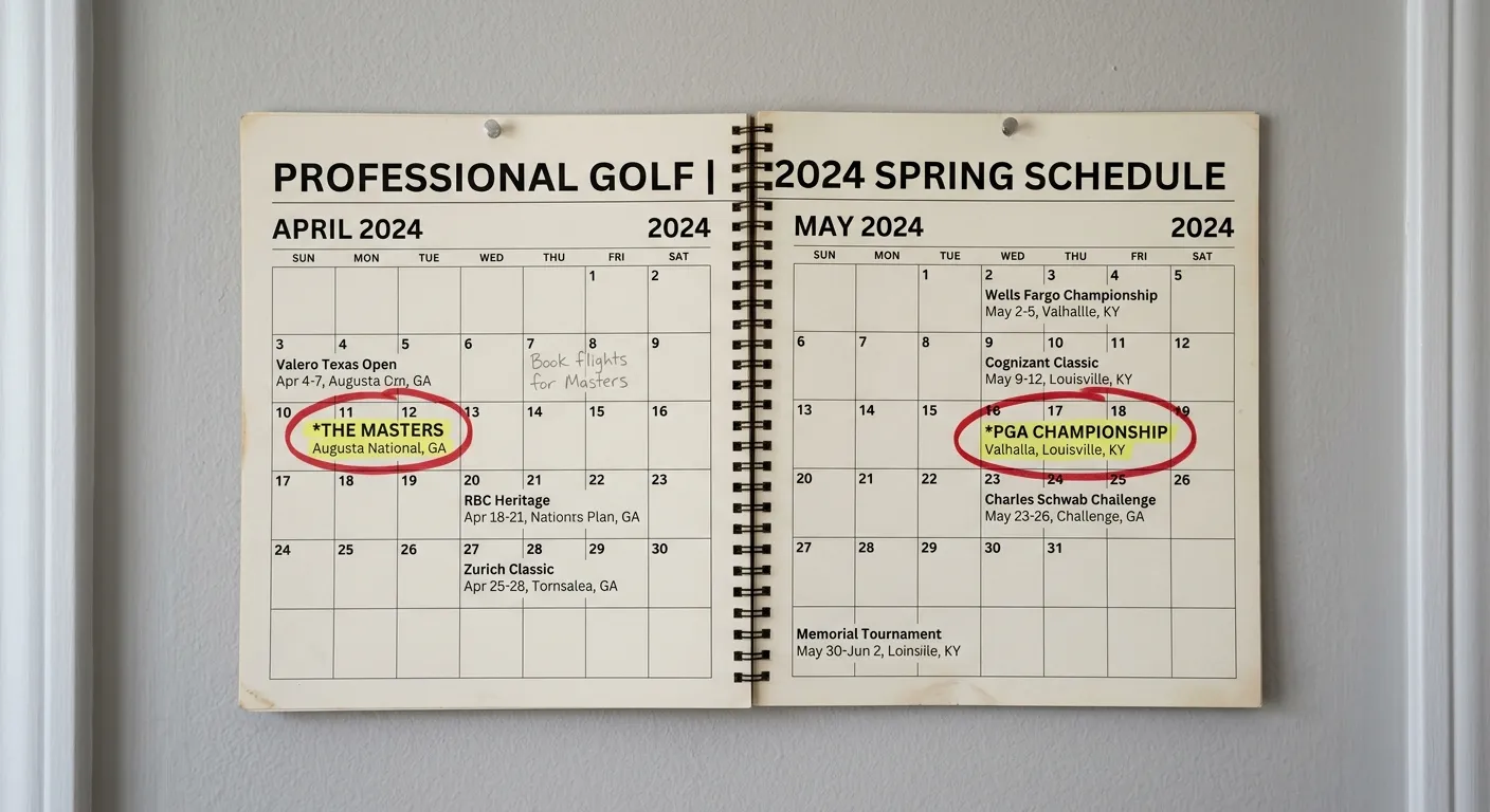 Calendar view showing the spring golf major season with tournament dates highlighted