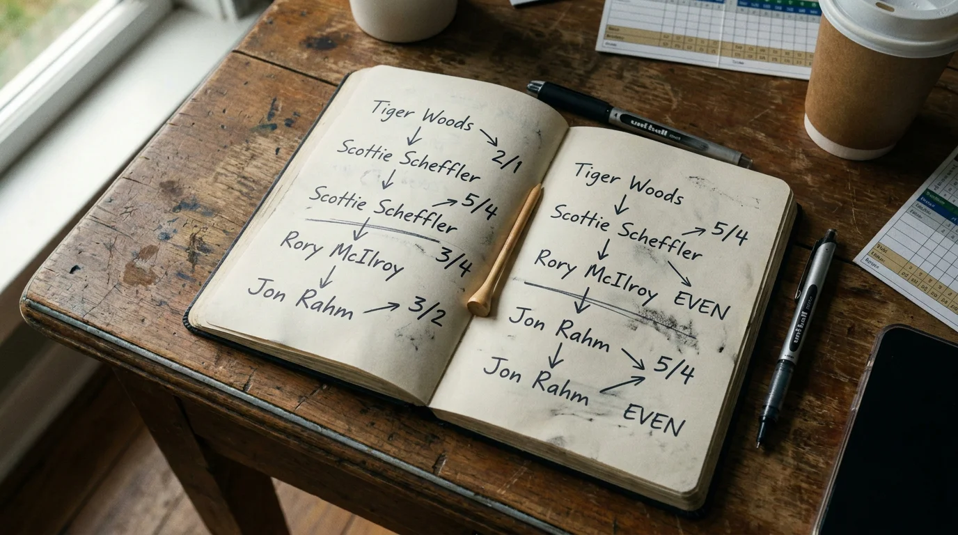 Notebook with golf matchup selections being planned for an accumulator