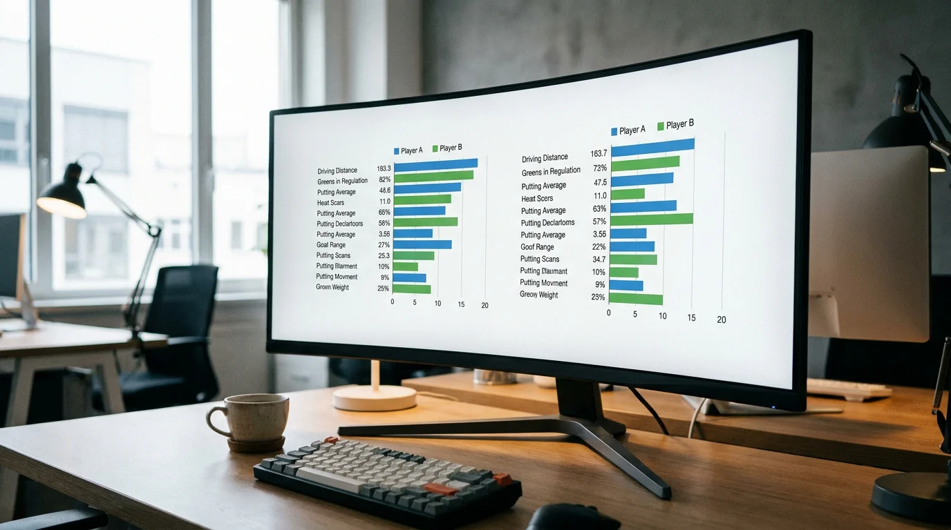 Computer screen displaying side-by-side player statistics for golf matchup analysis