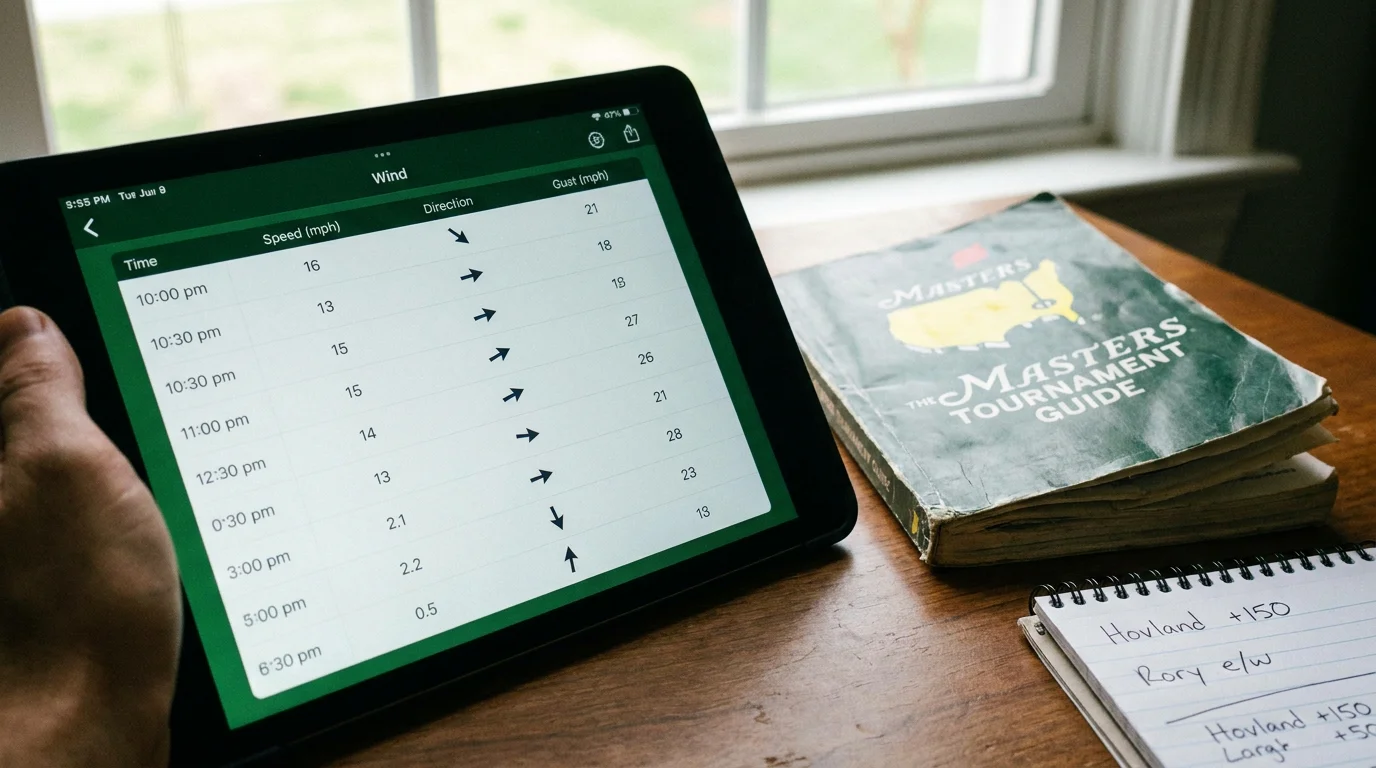 Tablet screen showing detailed hourly wind forecast data used for pre-round golf betting analysis