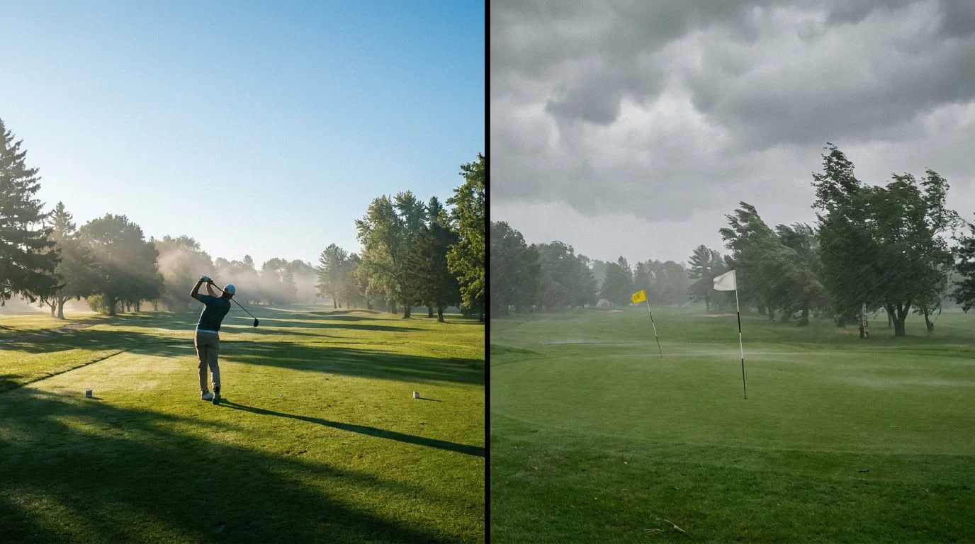 Split view of calm morning conditions and windy afternoon conditions on the same golf course