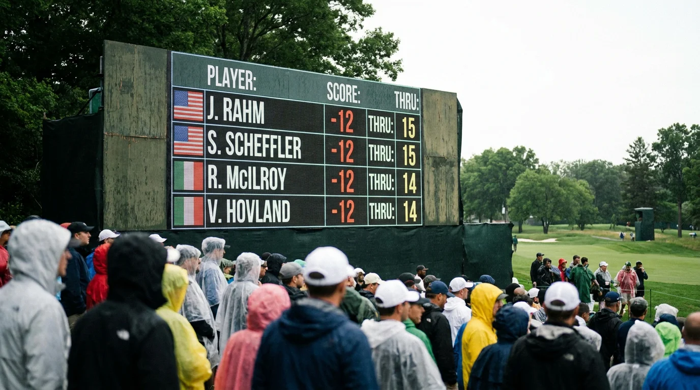 Scoreboard detail showing four players tied at the same position in a golf tournament