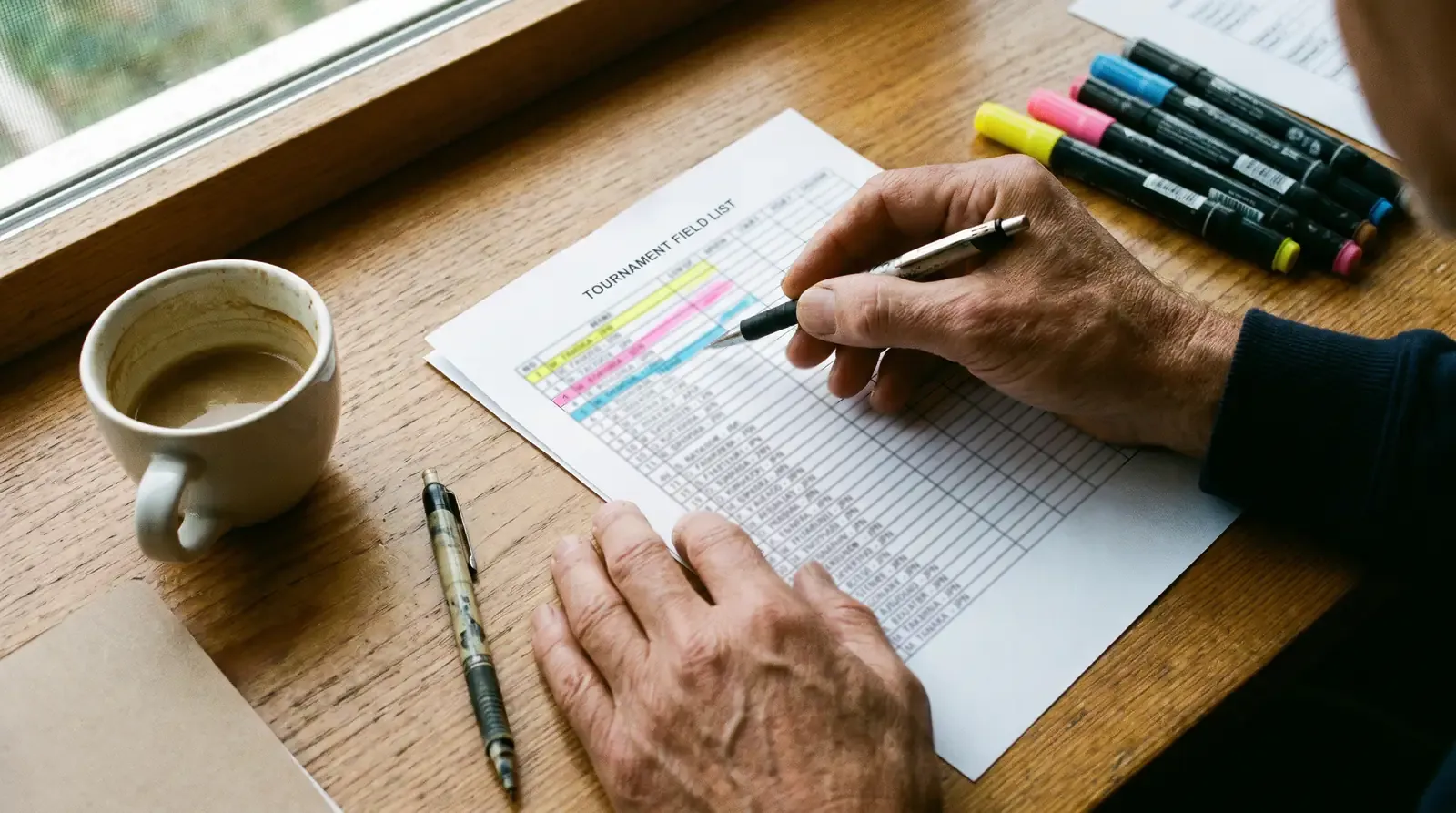 Person studying an international golf field list with country flags marked next to player names