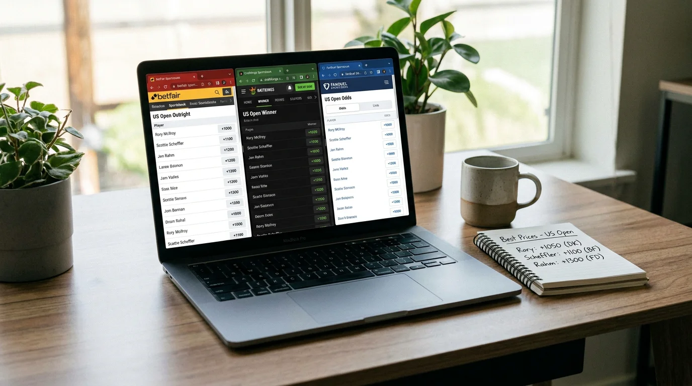 Multiple browser tabs open comparing golf outright odds across different bookmakers