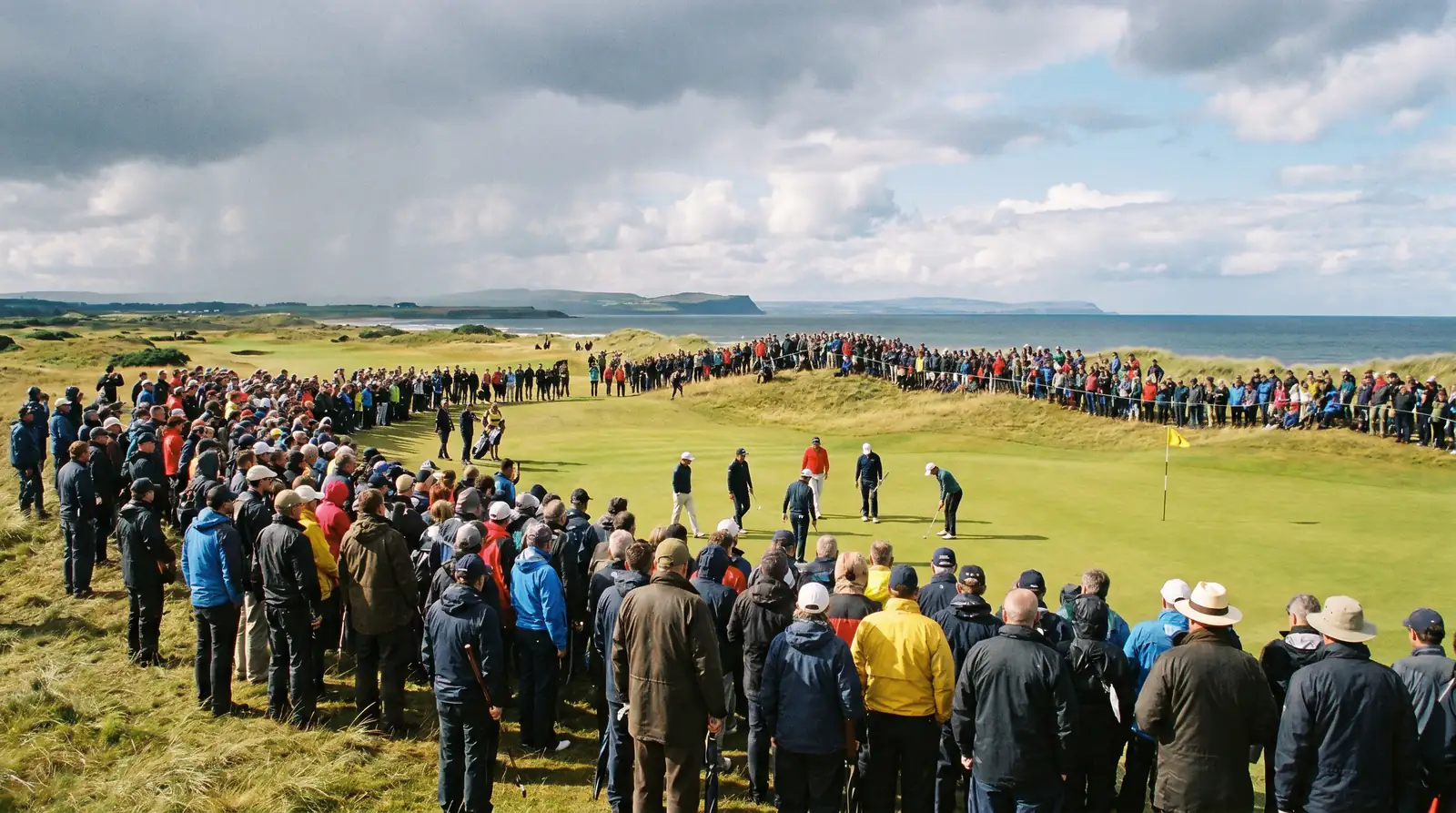 Enthusiastic gallery watching golf at an Open Championship venue on a summer afternoon