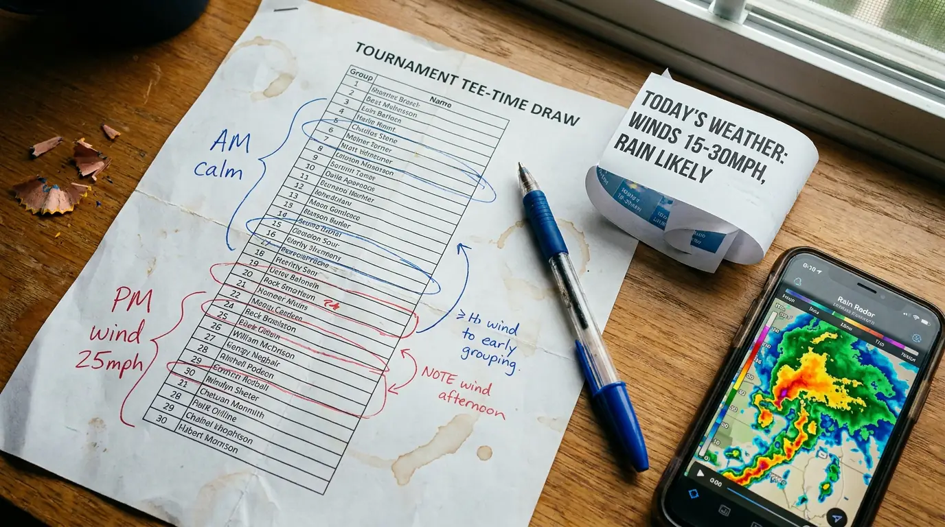 Printed Open Championship tee-time draw sheet annotated with weather notes