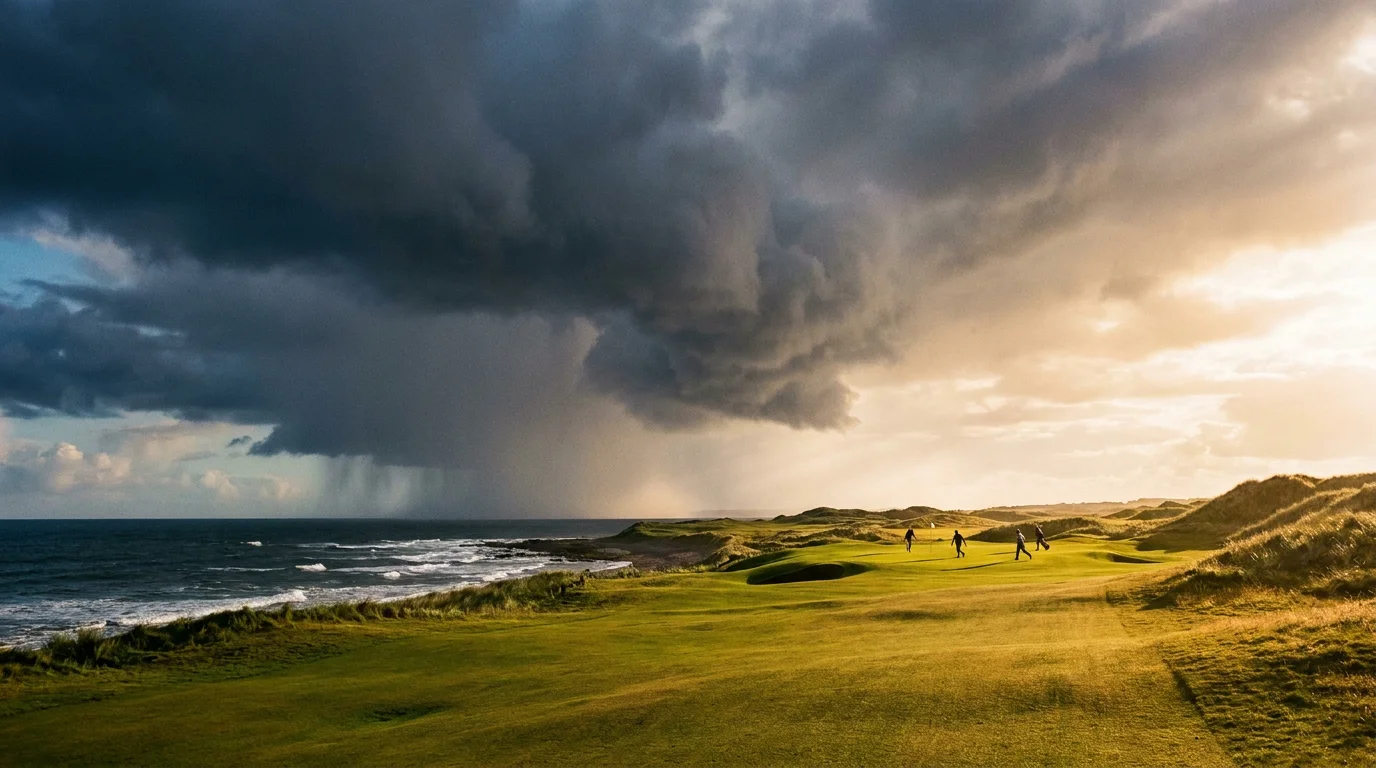 Dark storm clouds approaching a links golf course during an Open Championship round
