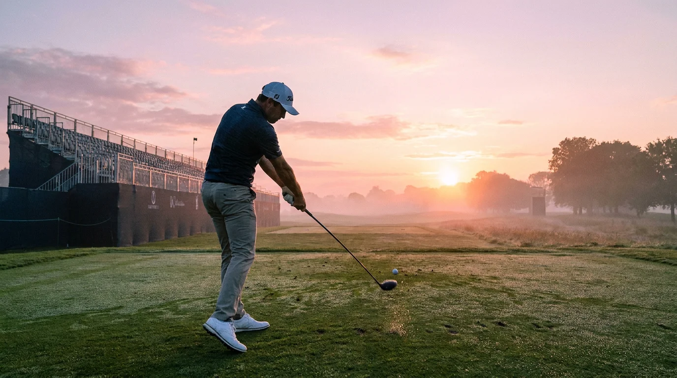 Golfer hitting a confident tee shot in the early morning calm of round one