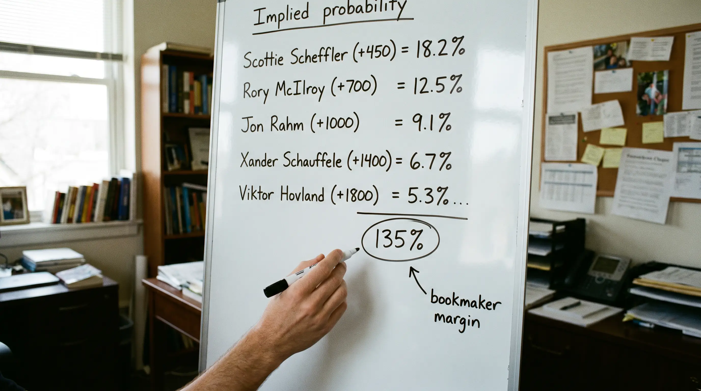 Whiteboard showing the overround calculation for a full golf tournament field