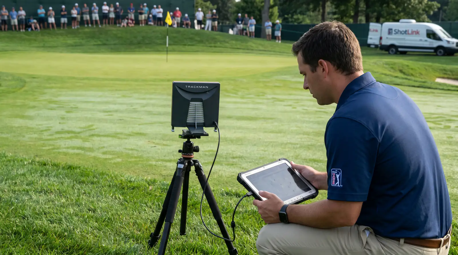 ShotLink laser tracking equipment set up on a PGA Tour course capturing ball flight data