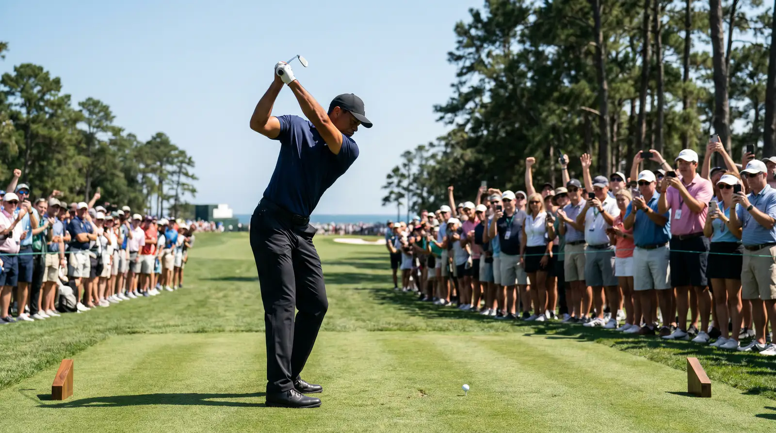 Professional golfer teeing off at a PGA Tour Signature Event with sponsor branding and gallery visible