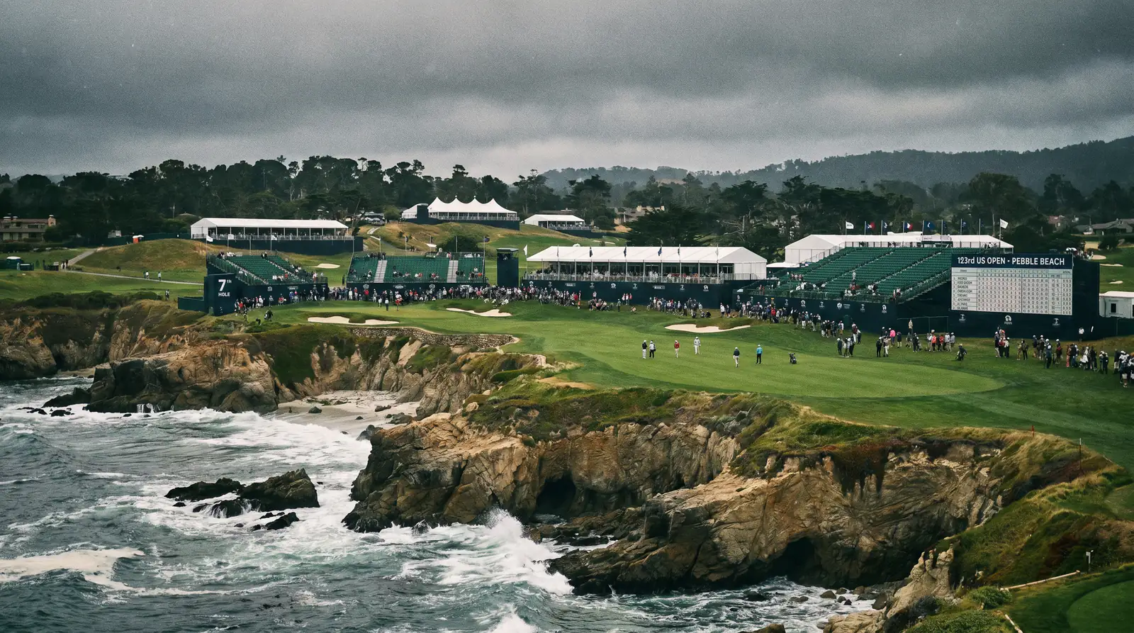 Iconic US Open venue with distinctive terrain features and championship infrastructure visible