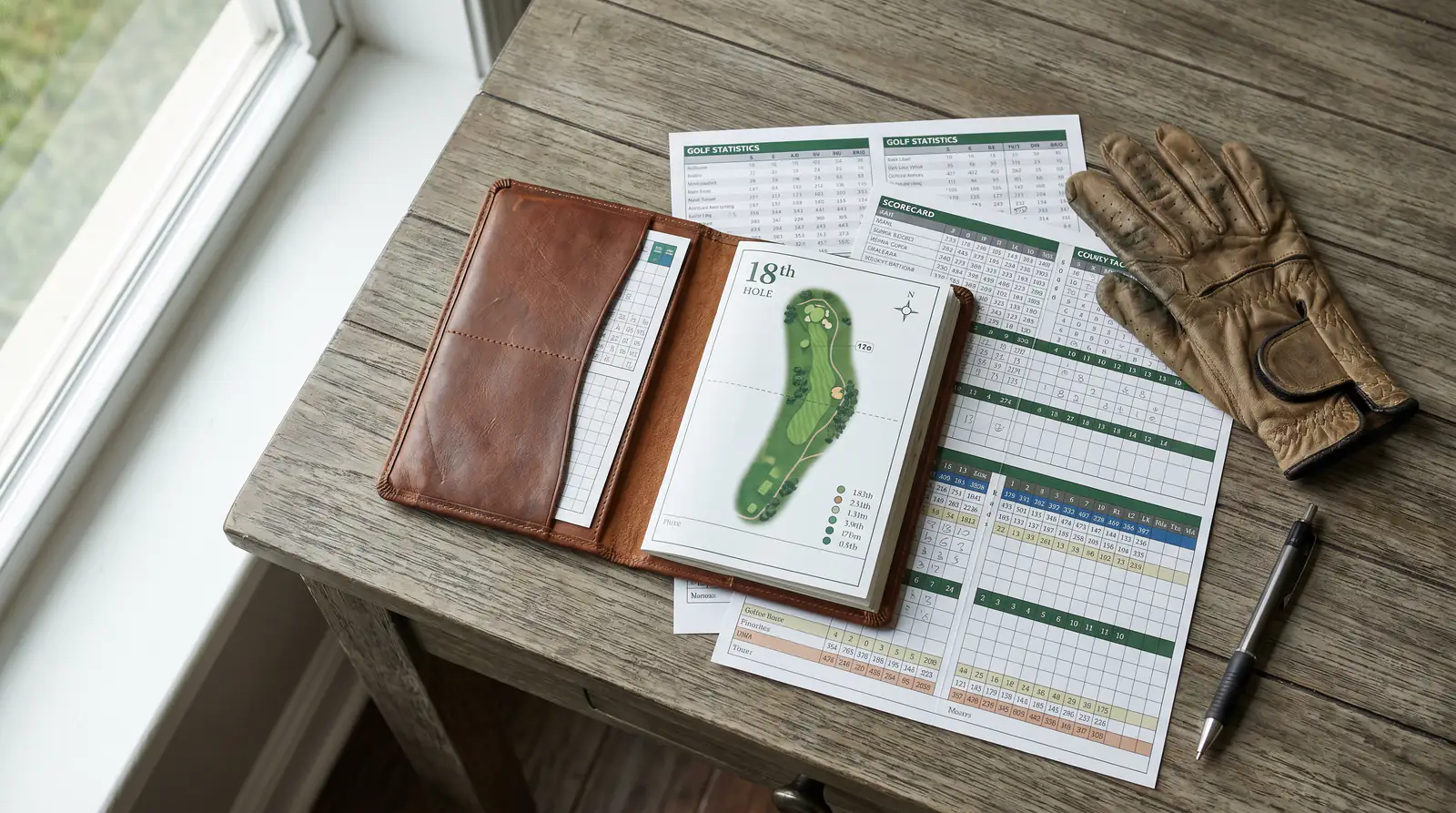 Pre-tournament golf research setup with notes and statistics