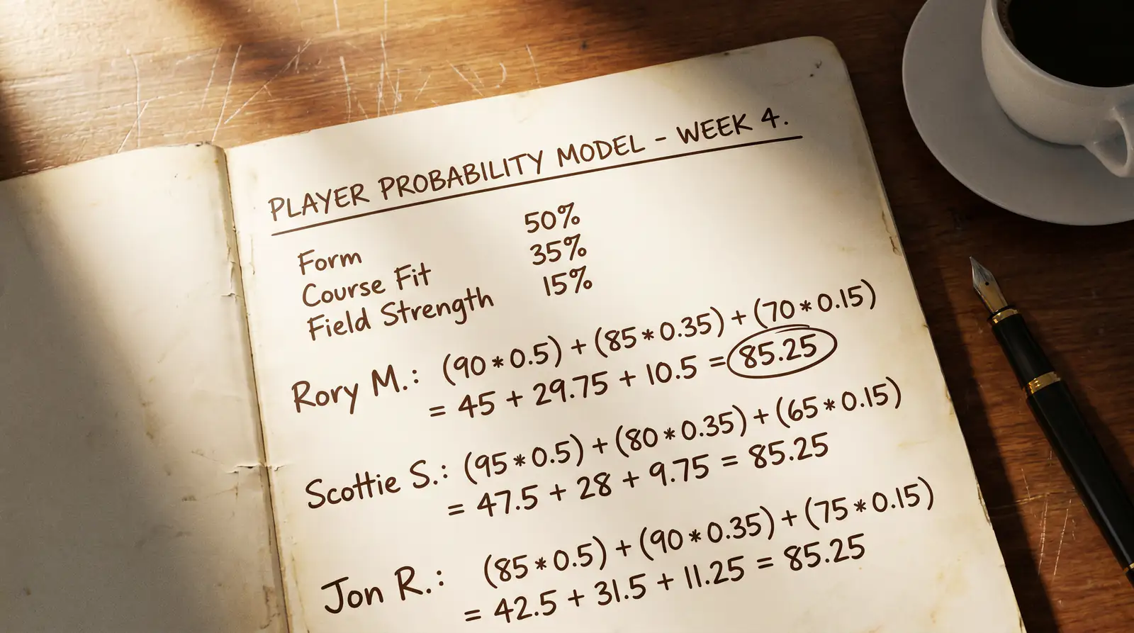 Handwritten golf probability model showing weighted factors for player assessment