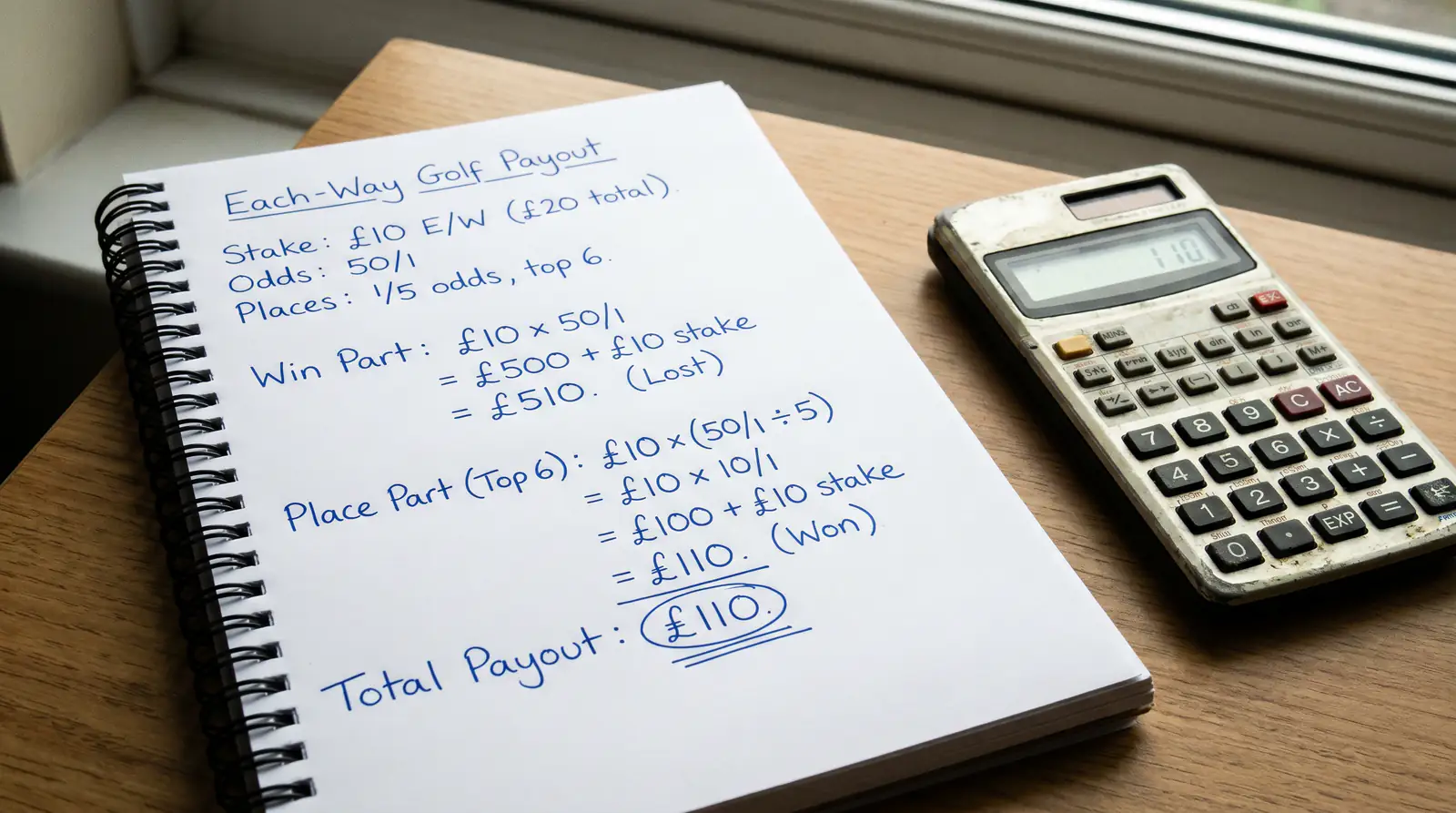 Worked payout example at 1/4 odds showing profit from a top-five golf finish
