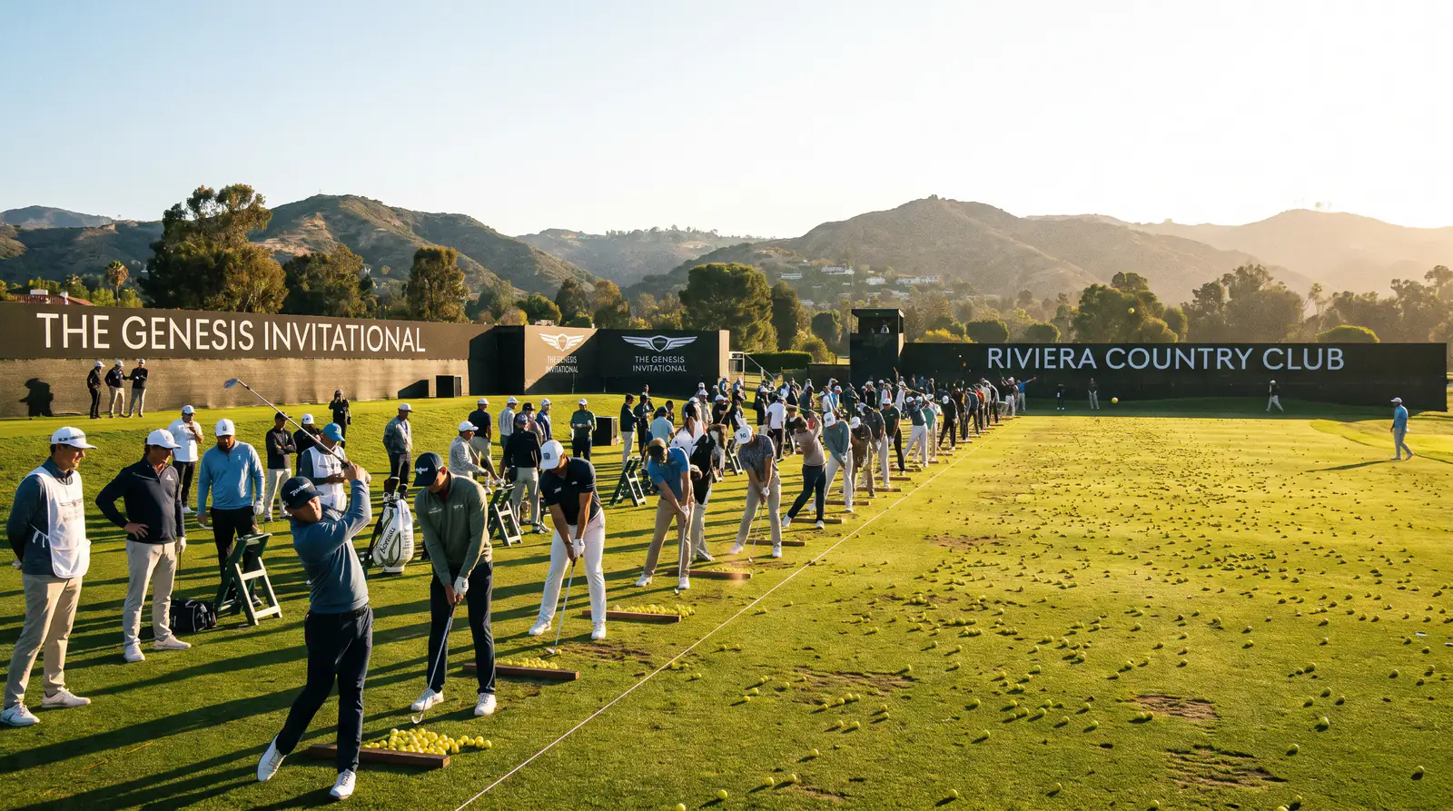 Practice range at a regular PGA Tour event with a full 156-player field warming up