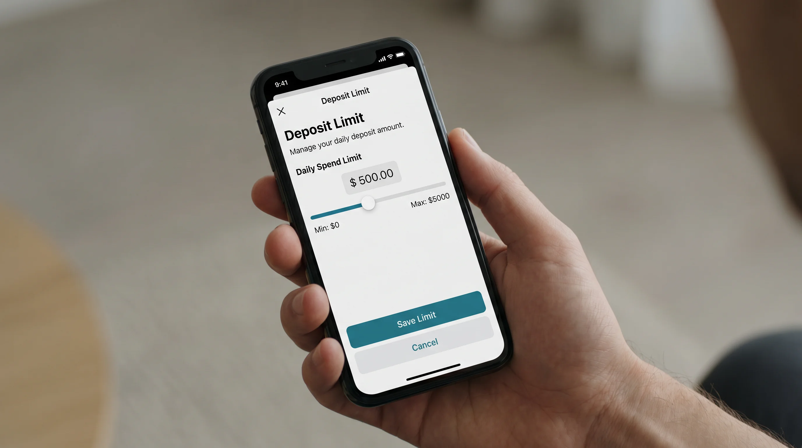 Smartphone settings screen showing a deposit limit configuration for responsible gambling